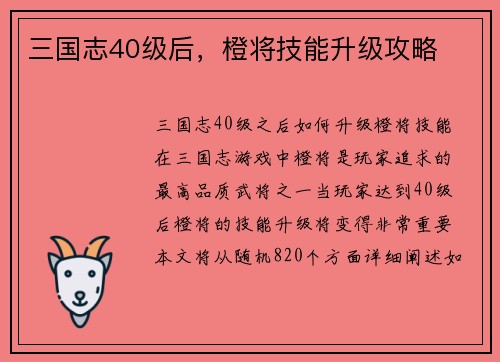 三国志40级后,橙将技能升级攻略